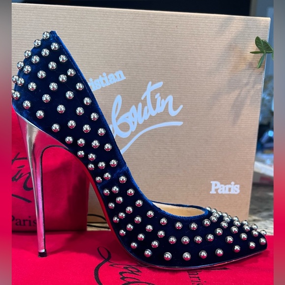 Christian Louboutin BILLY 120 Velvet Silver Studded Eclipse High Heels EU 37 - Picture 3 of 14